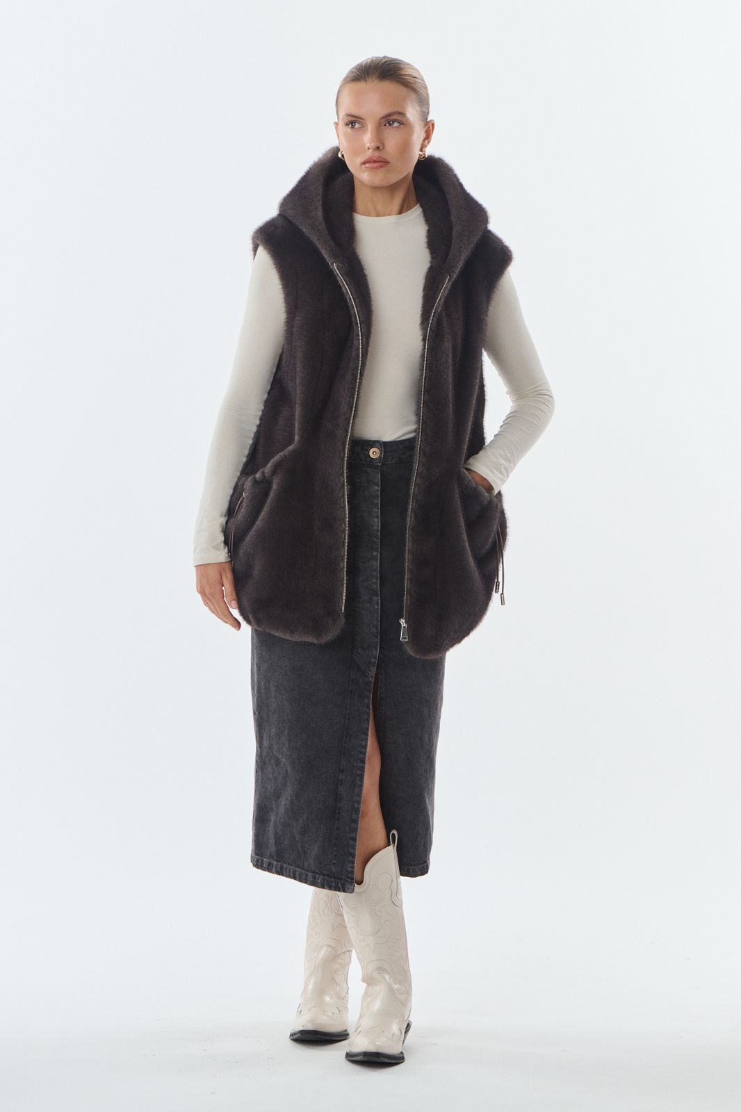 Maury Faux Fur Weste mit Kaputze