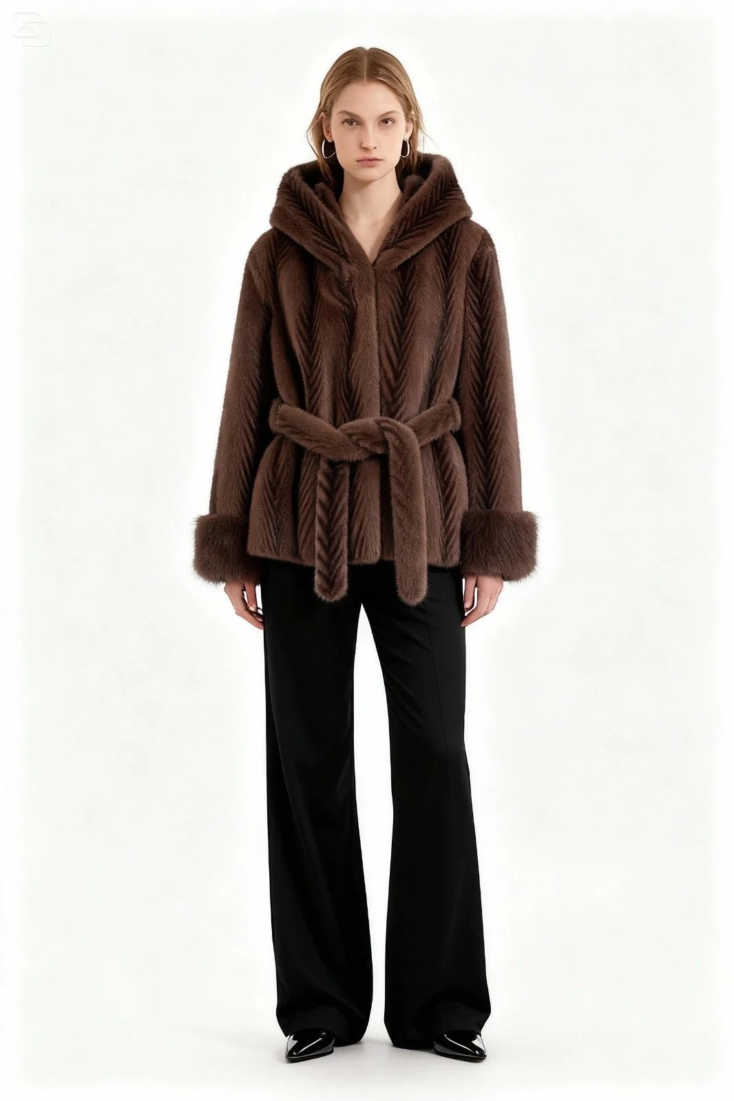 Kunstfell Mantel mit Kapuze kurz