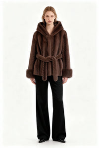 Kunstfell Mantel mit Kapuze kurz