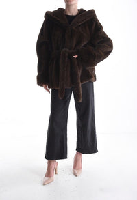 Kunstfell Mantel mit Kapuze kurz