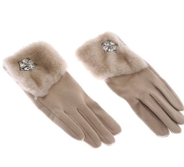 Kunstfell Handschuhe mit Brosche