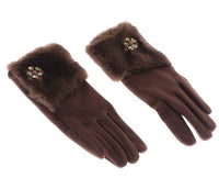 Kunstfell Handschuhe mit Brosche