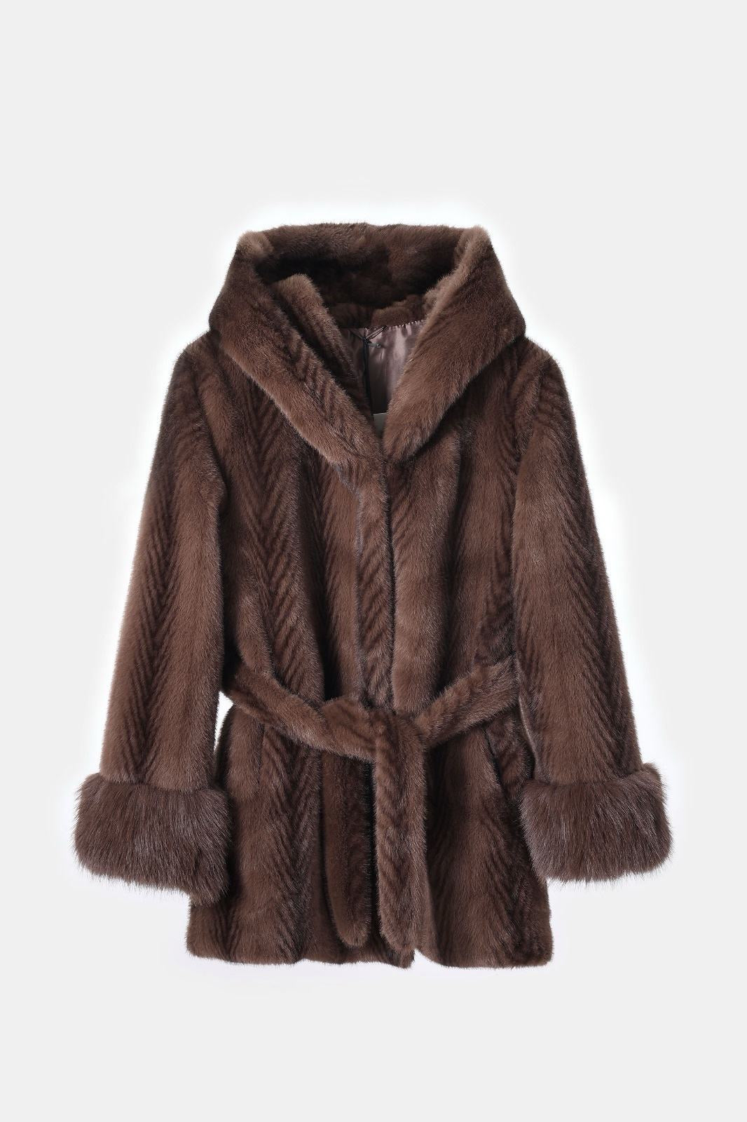 Kunstfell Mantel mit Kapuze kurz