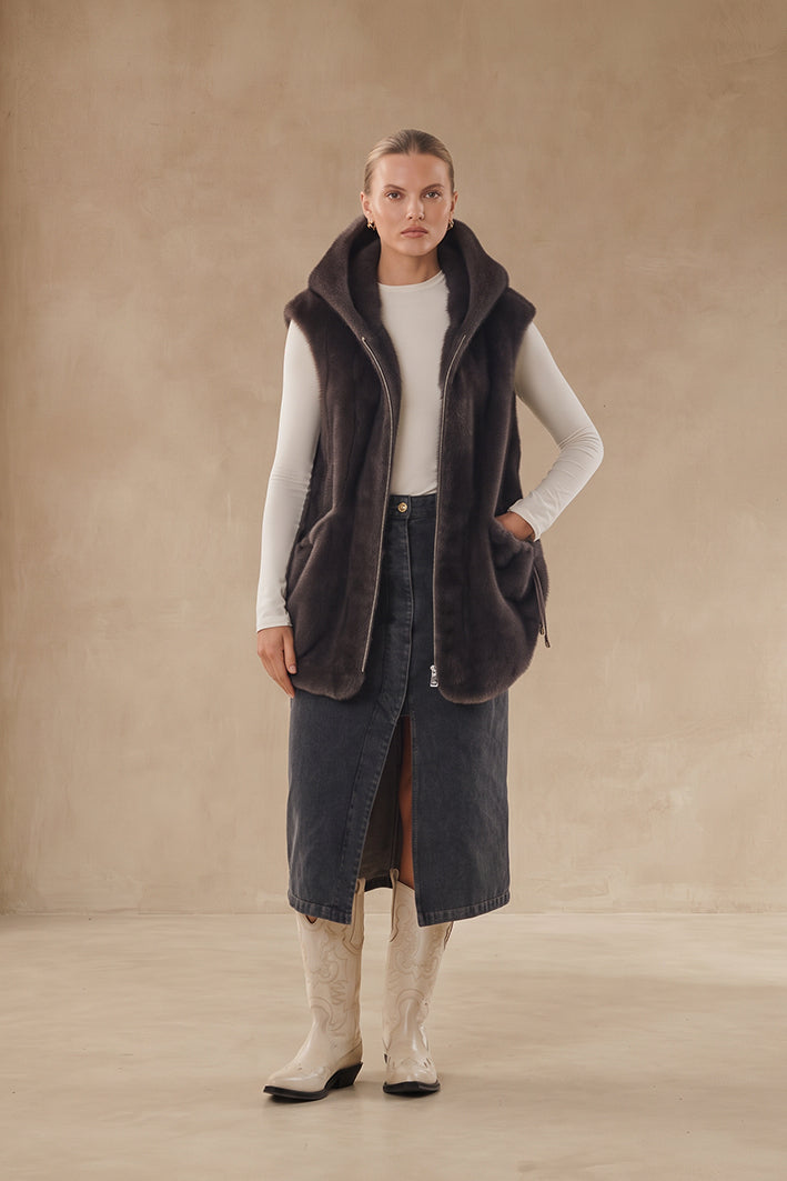 Maury Faux Fur Weste mit Kaputze