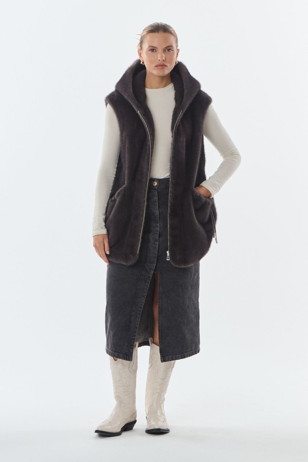 Maury Faux Fur Weste mit Kaputze